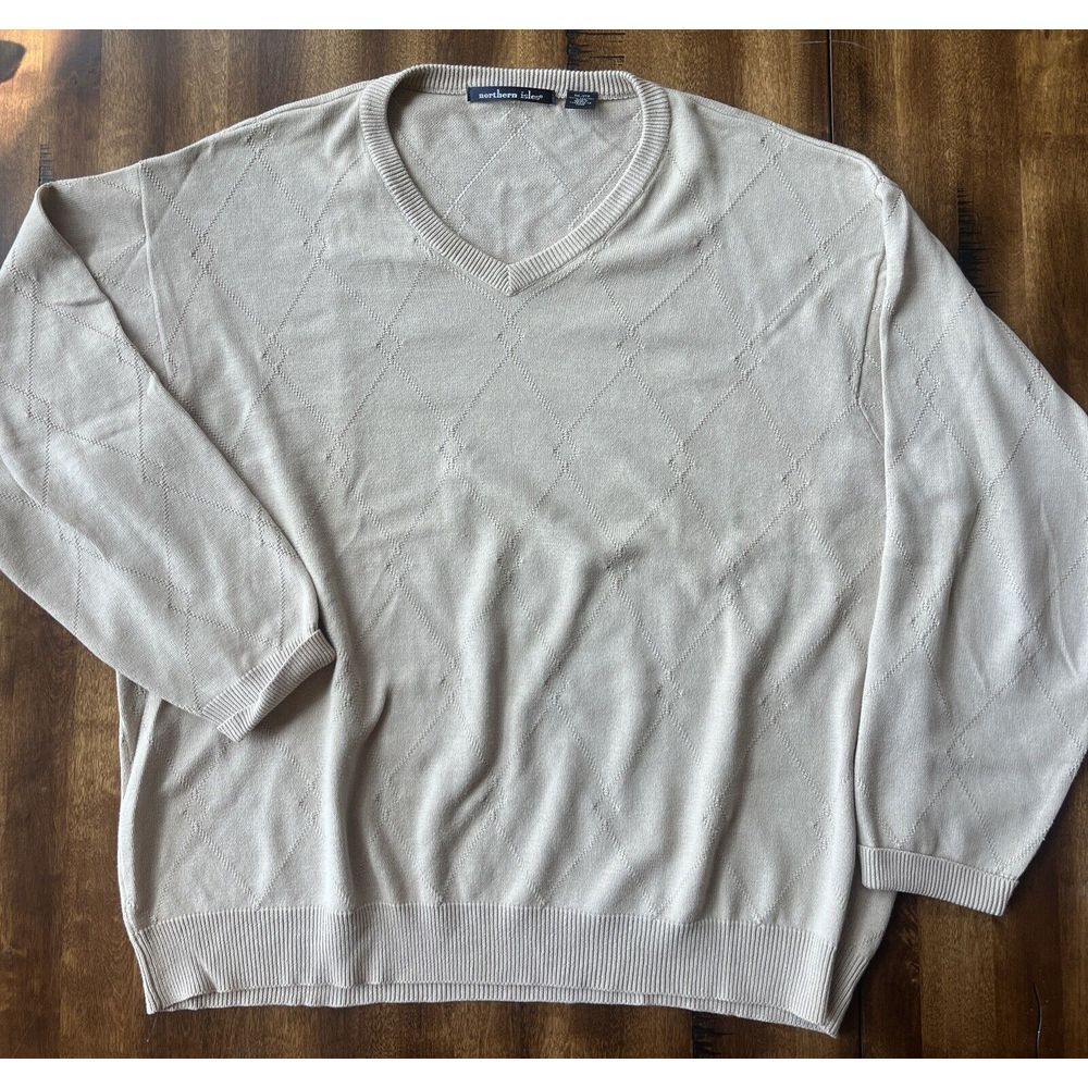 Northern Isles Mens XXL V-Neck Sweater Beige Tan 100% Cotton Diamond Knit L/S